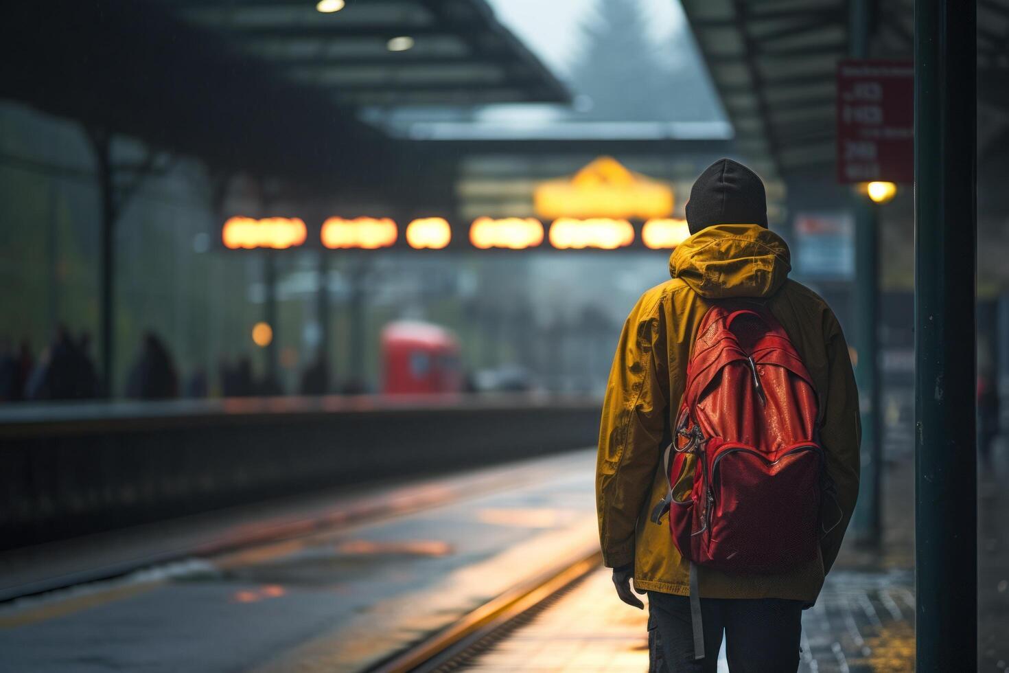 AI generated backpacker sitting at a station in the rain photo
