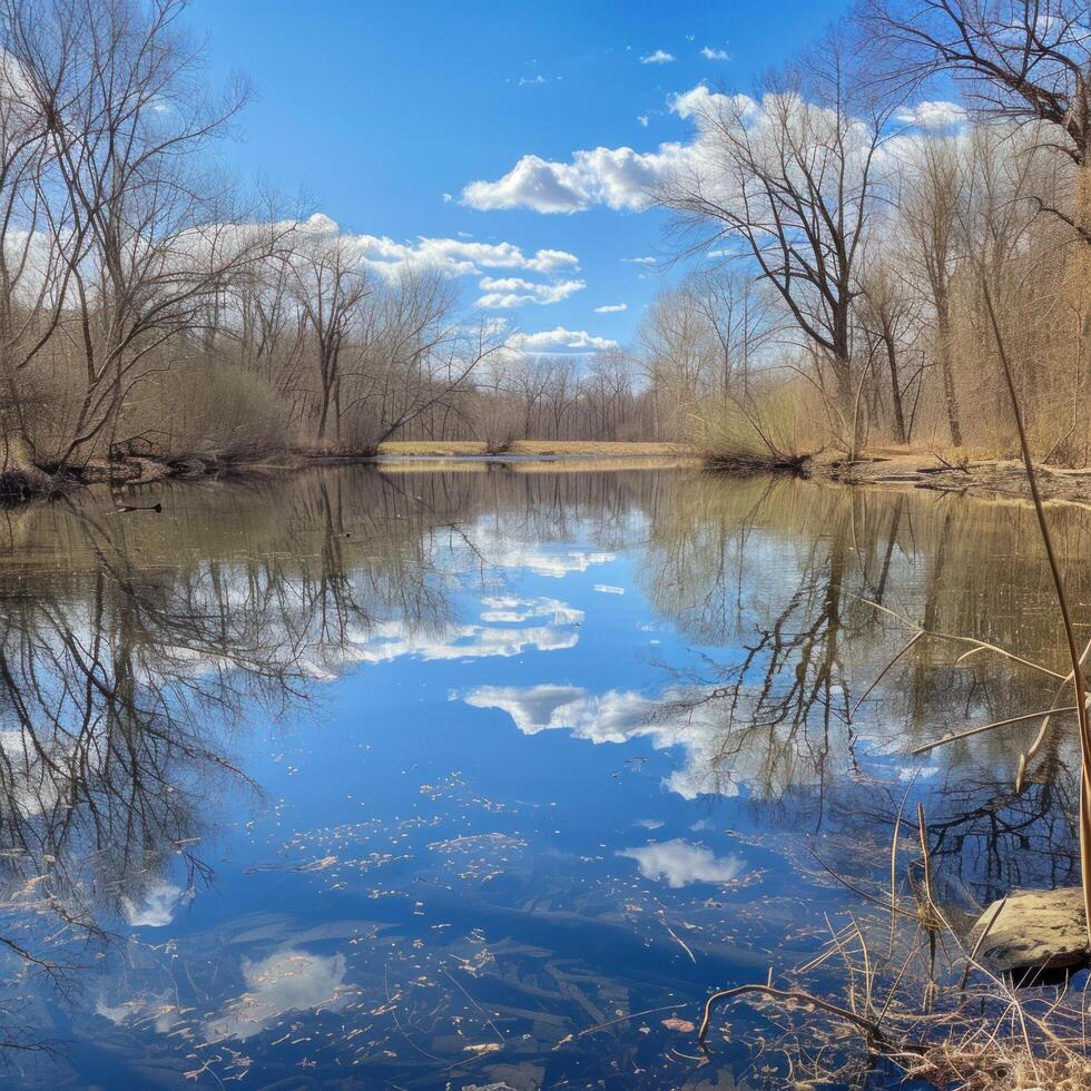 AI generated A crystal-clear pond reflects the azure sky and budding trees, creating a mesmerizing mirror of nature photo