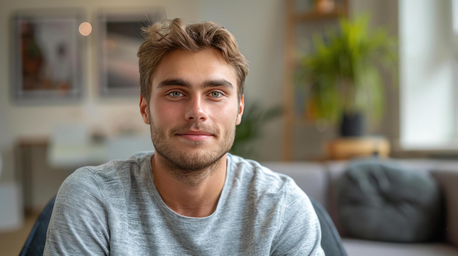 AI generated A young man sits in a chair at a consultation with a psychotherapist. He looks at the camera smiling photo