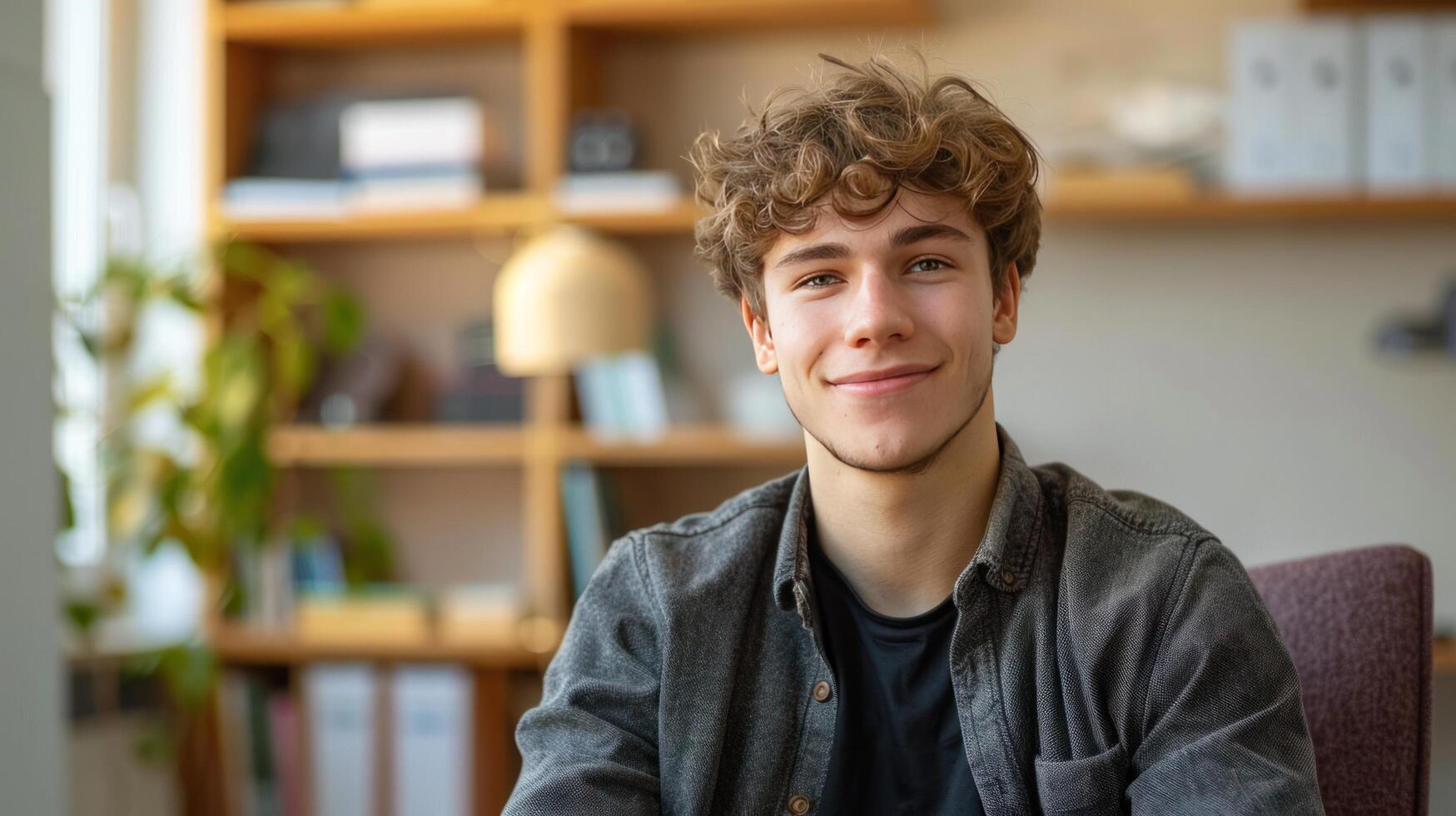 AI generated A young man sits in a chair at a consultation with a psychotherapist. He looks at the camera smiling photo