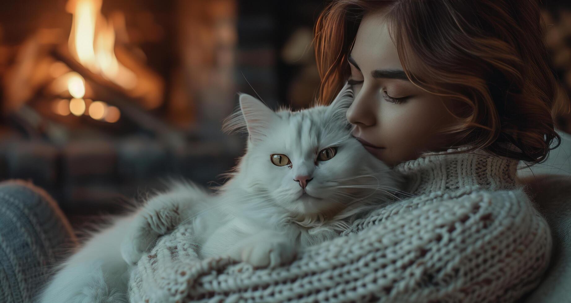 AI generated A young woman sits near the fireplace and cuddles a white fluffy cat photo