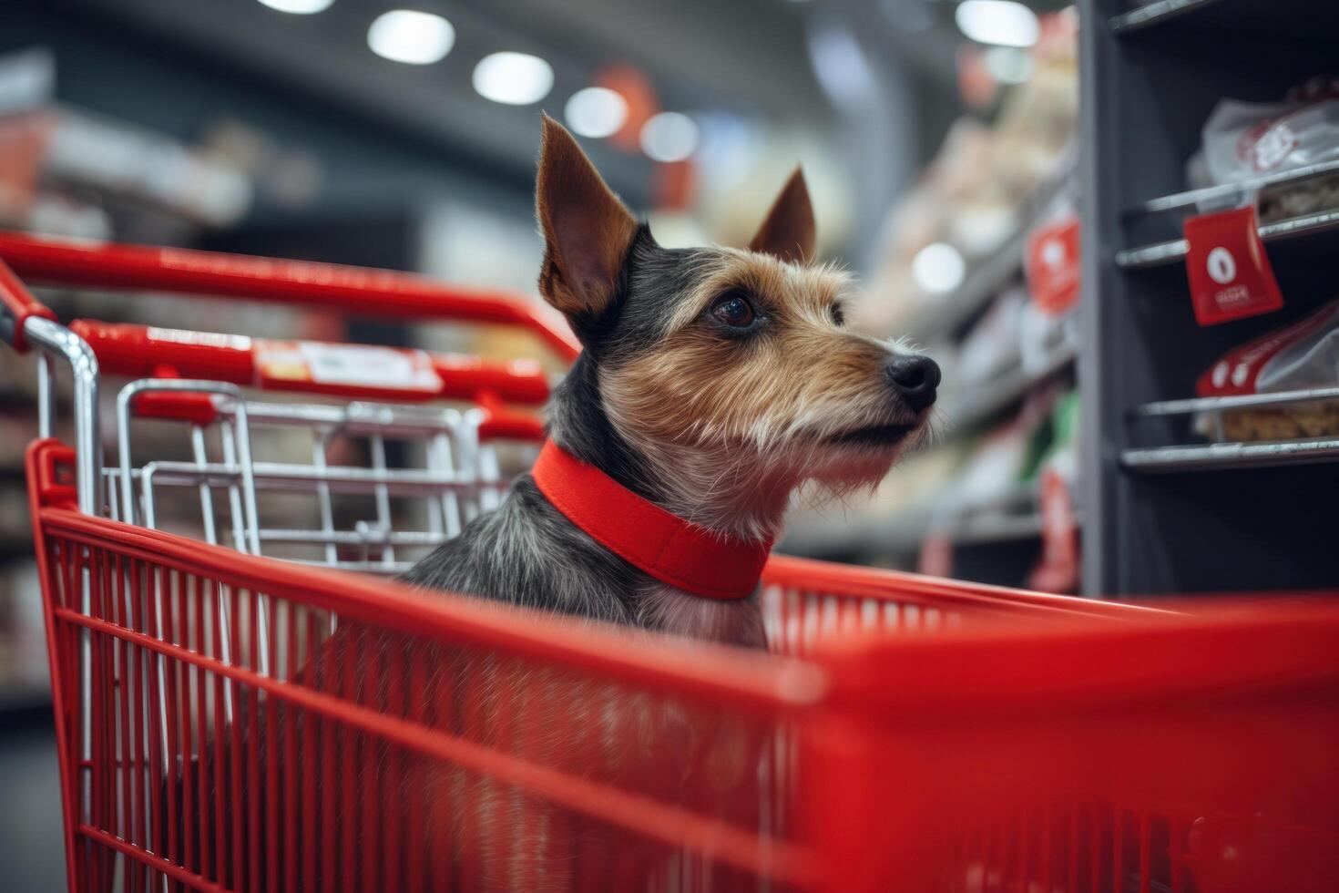 ai generado pequeño perro sentado en compras carro con carros dentro el Tienda foto