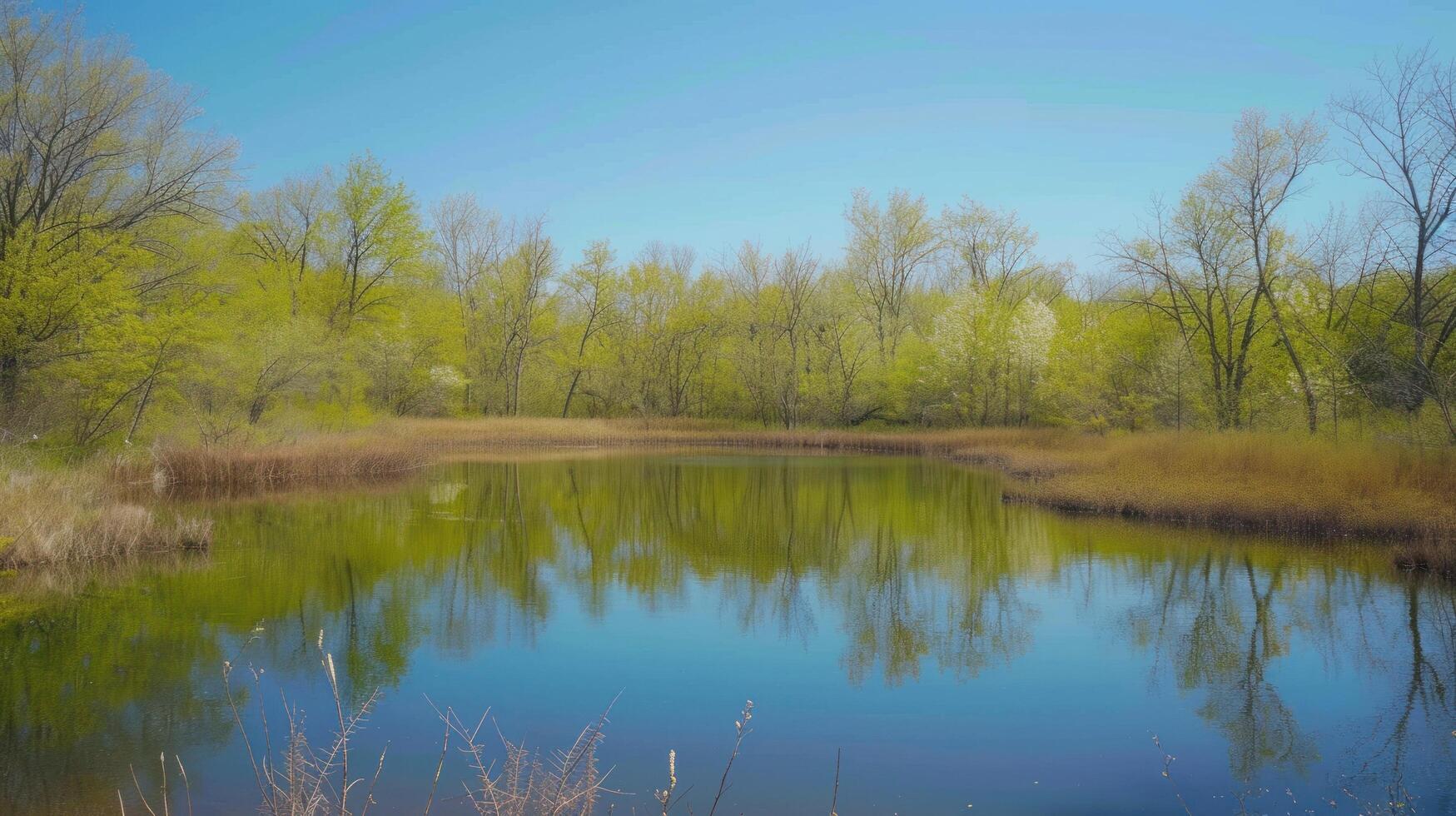 AI generated A crystal-clear pond reflects the azure sky and budding trees, creating a mesmerizing mirror of nature photo