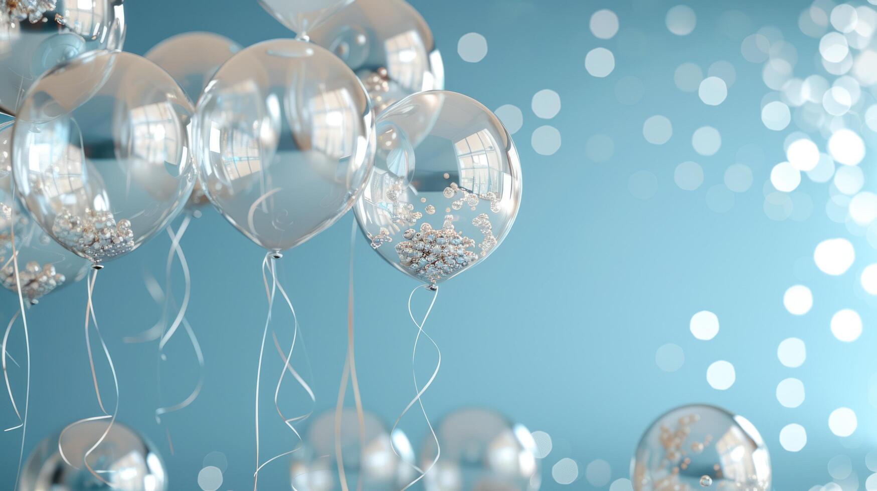 AI generated Festive minimalistic blue background with silver and transparent balloons and a lot of free space in the center photo