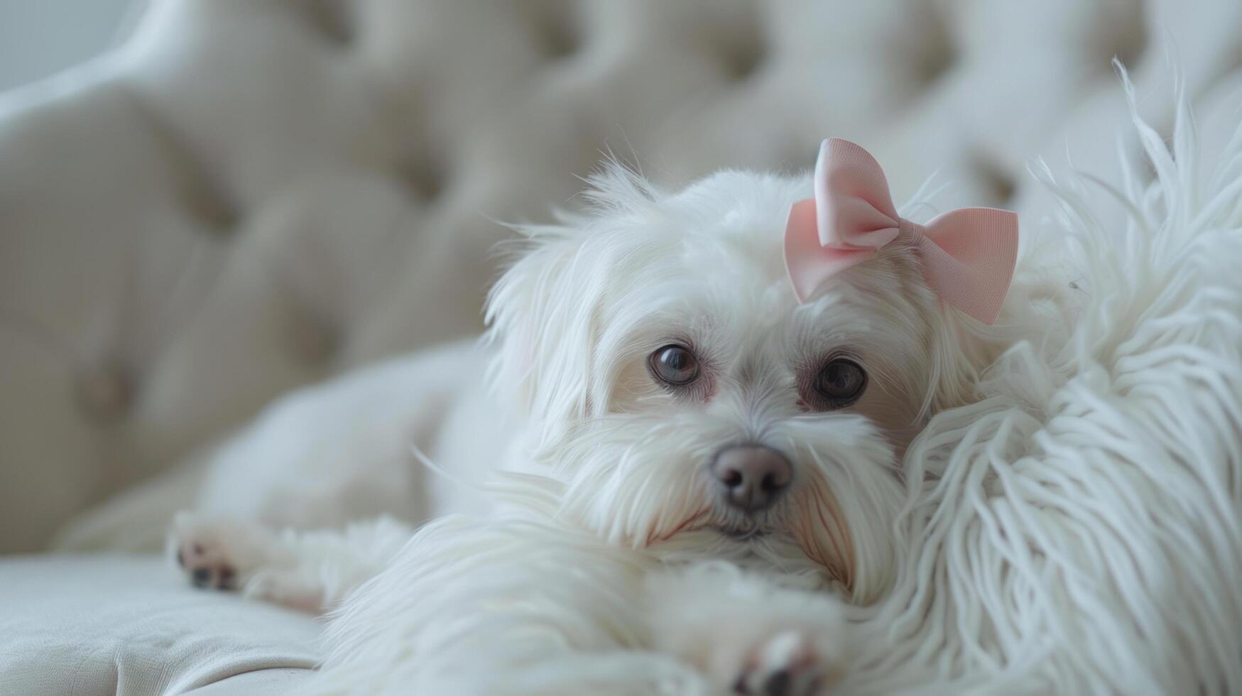 AI generated A cute Maltese dog with a pink bow on his head lies on a white fluffy chair and looks at the camera photo