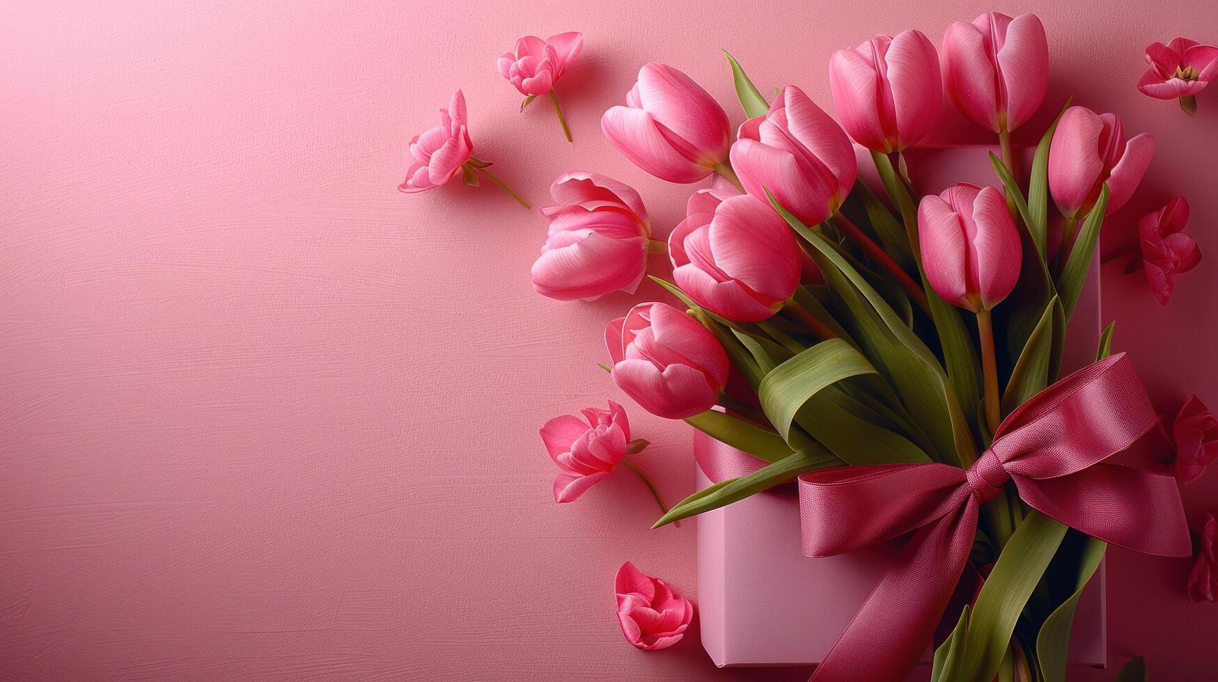 AI generated A stylish pink gift box with a ribbon bow and a bouquet of tulips photo