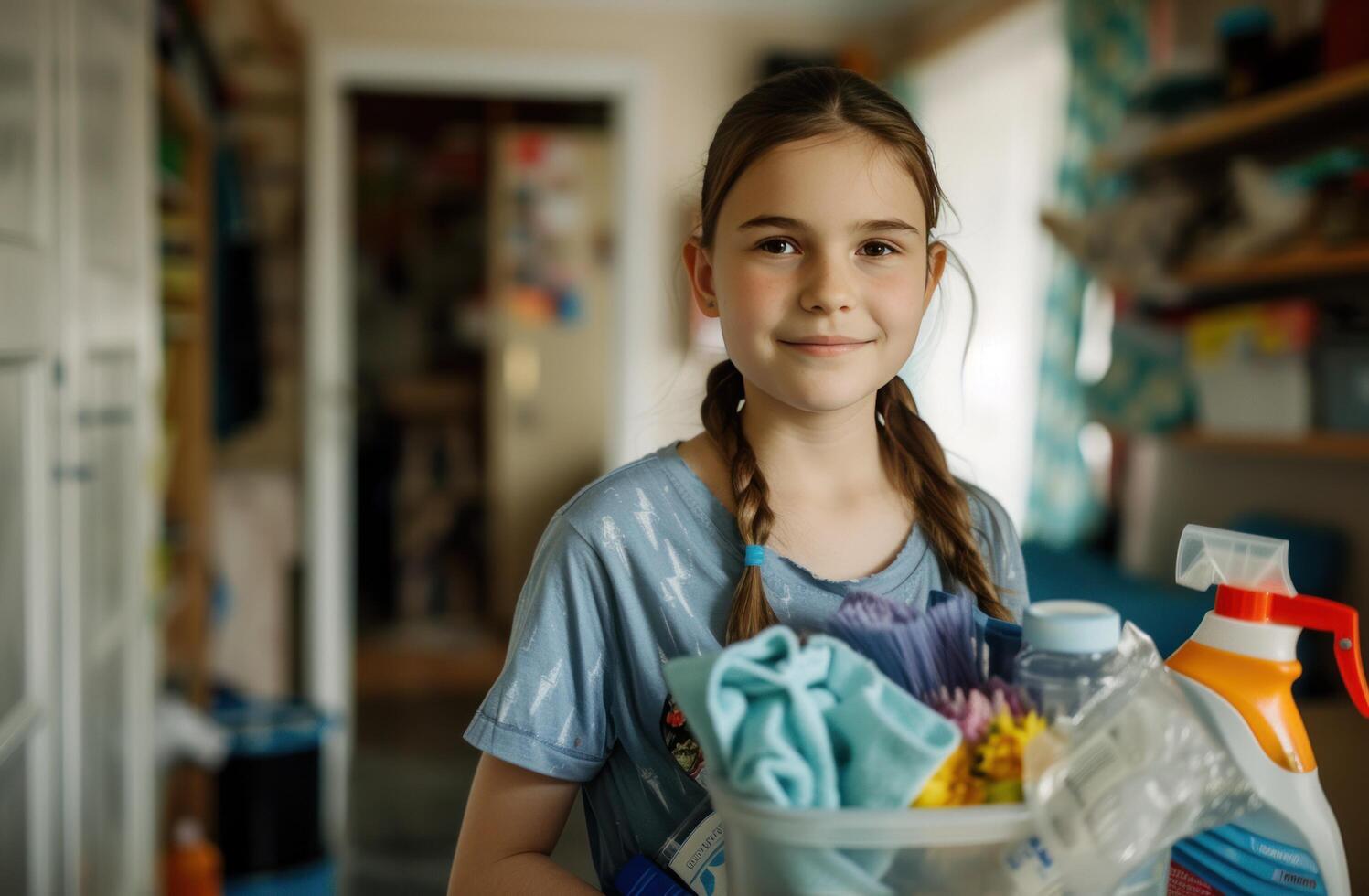 AI generated a young girl holding supplies for cleaning at her home photo