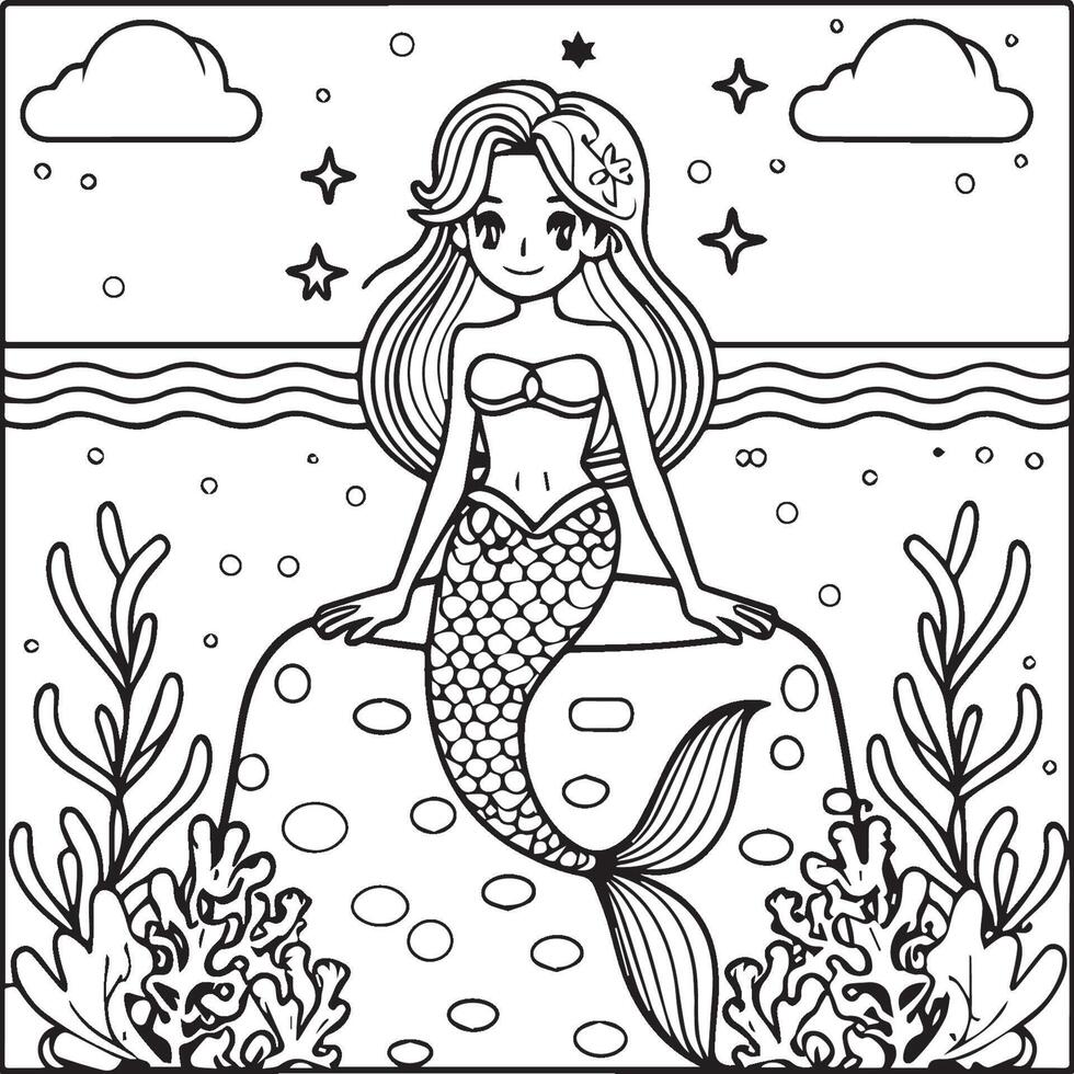 Mermaid coloring pages for coloring book. Mermaid outline coloring pages. Mermaid coloring pages vector