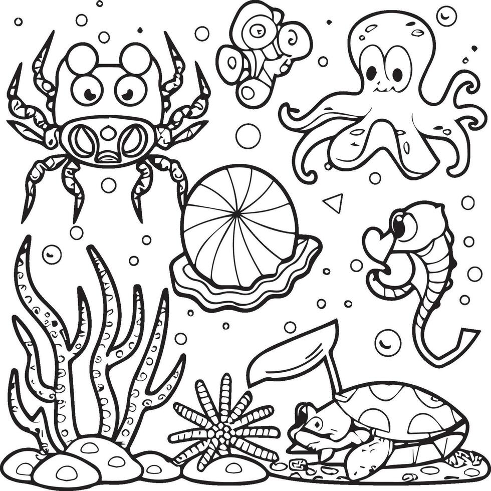 Sea creatures coloring pages. sea creatures outline for coloring book vector