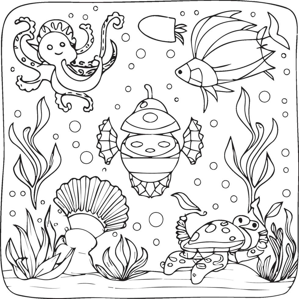 Sea creatures coloring pages. sea creatures outline for coloring book vector