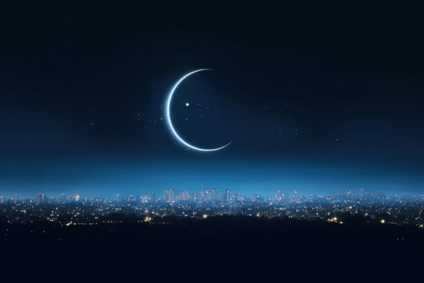 AI generated crescent against the sky with cityscape photo