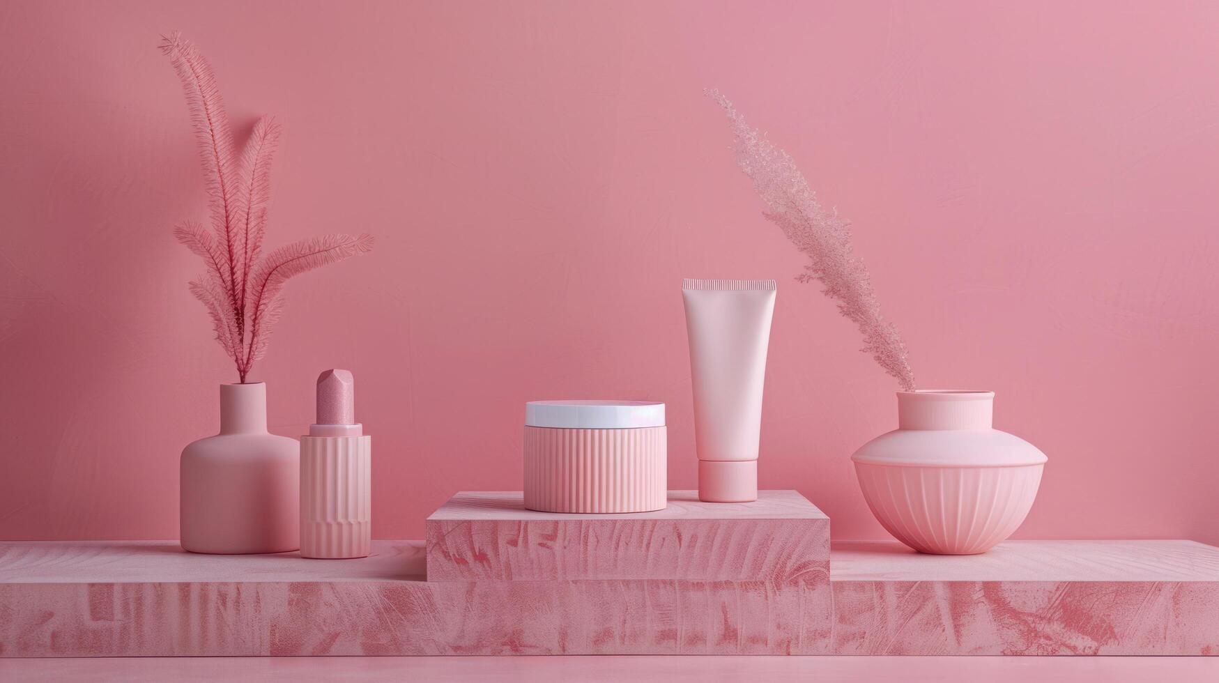 AI generated A set of cosmetics in matte pink tones without a brand stands on a minimalist pink background photo