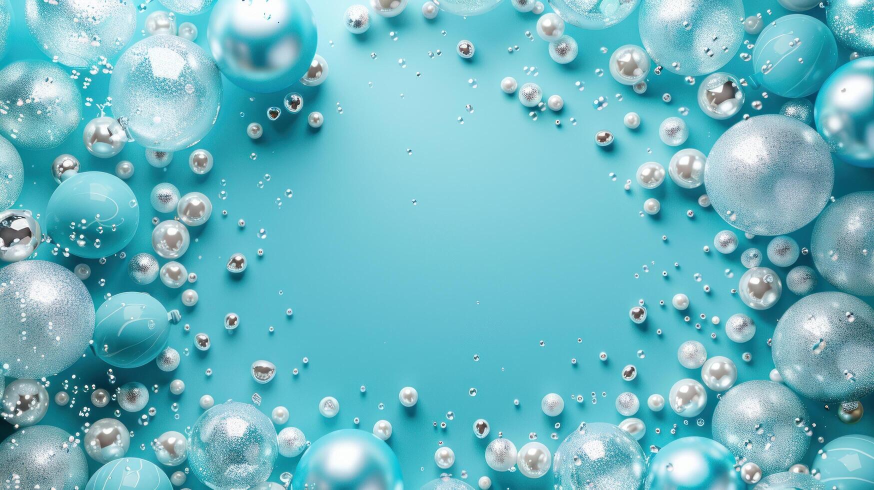 AI generated Festive minimalistic blue background with silver and transparent balloons and a lot of free space in the center photo