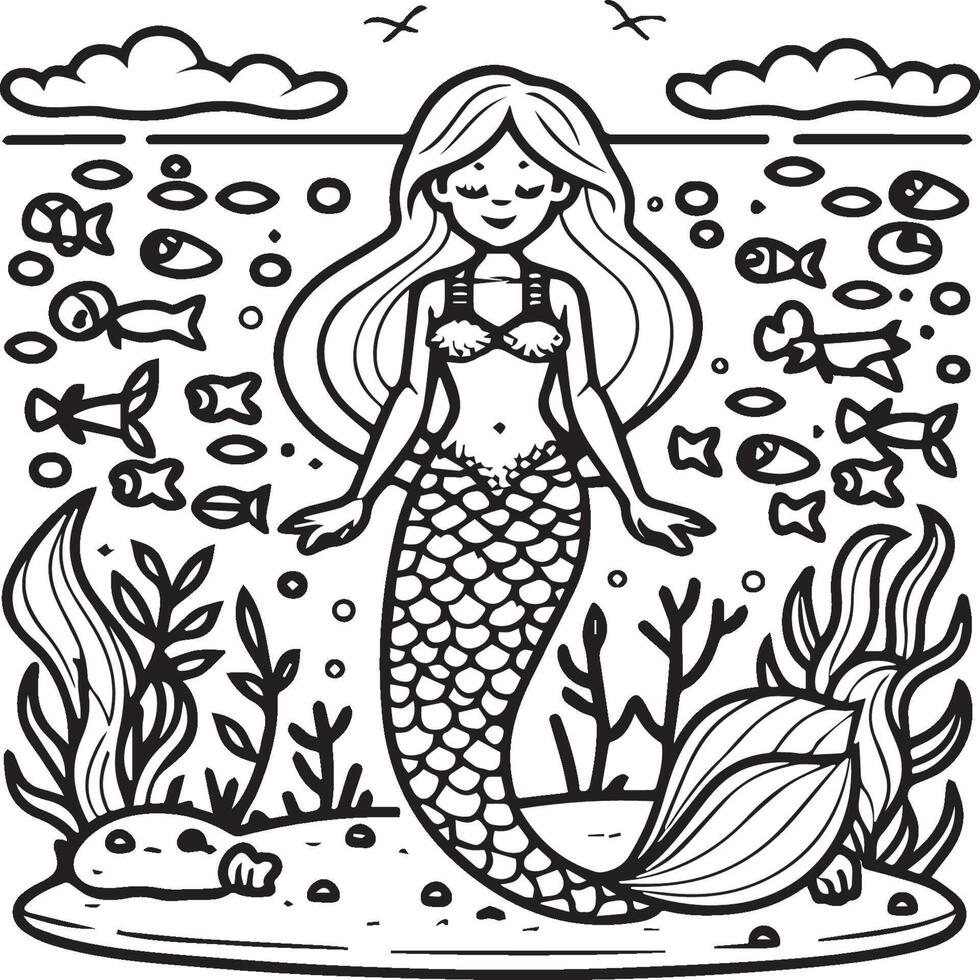 Mermaid coloring pages for coloring book. Mermaid outline coloring pages. Mermaid coloring pages vector