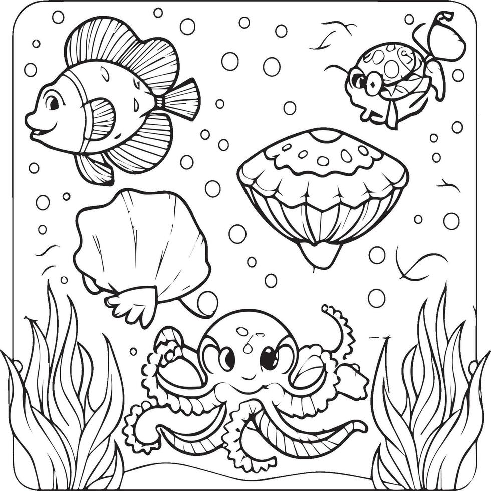 Sea creatures coloring pages. sea creatures outline for coloring book vector