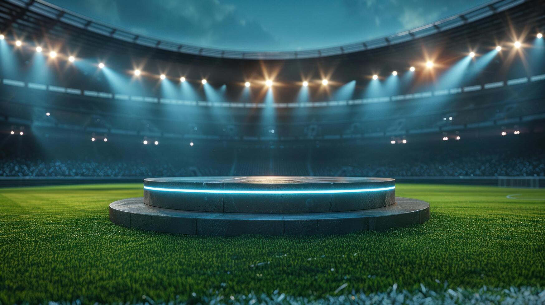 AI generated In the middle of a stadium sits a podium, encircled by empty seats and flashes of light photo