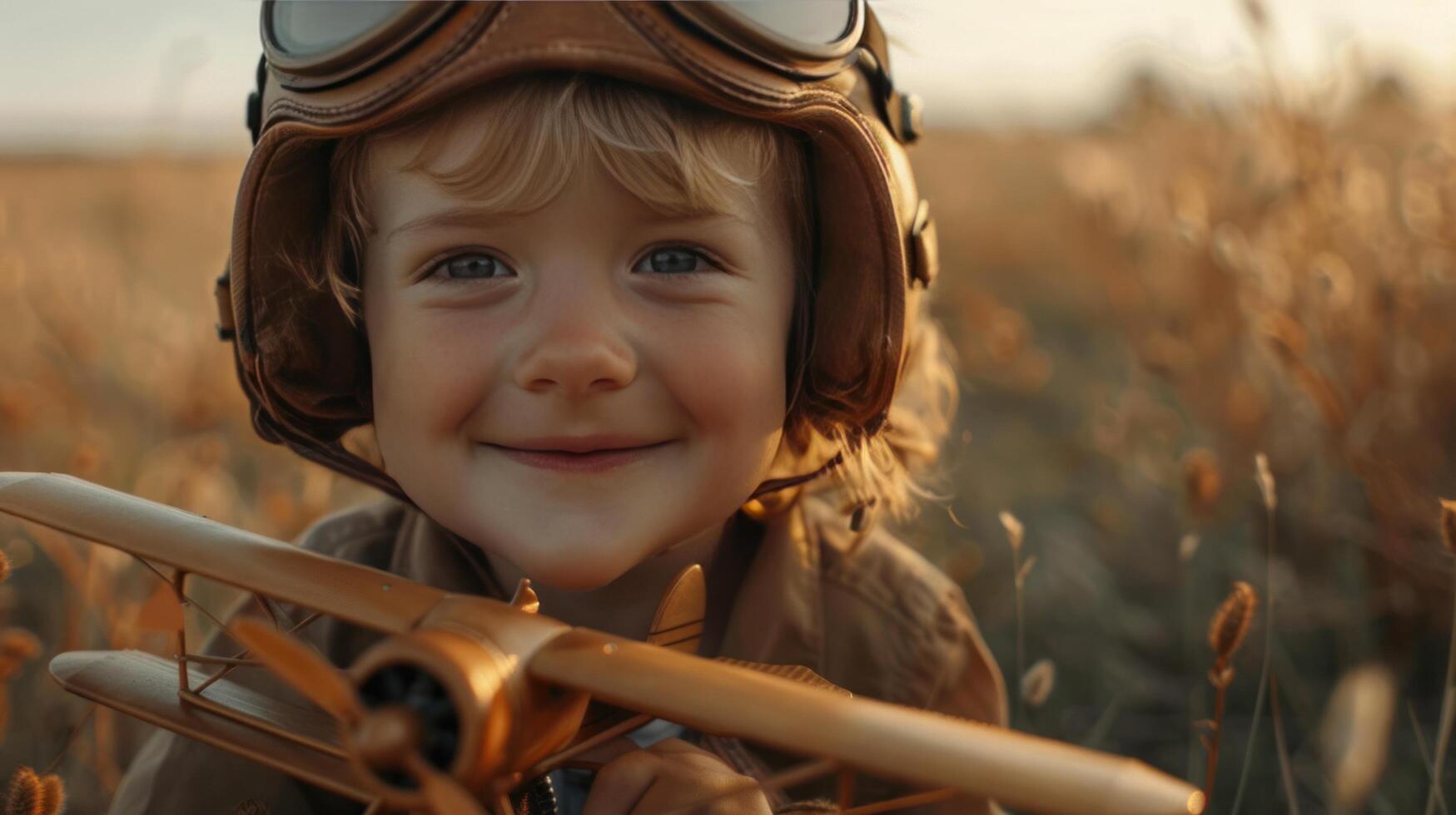 AI generated A little cute boy in a pilot's helmet plays with wooden airplanes photo