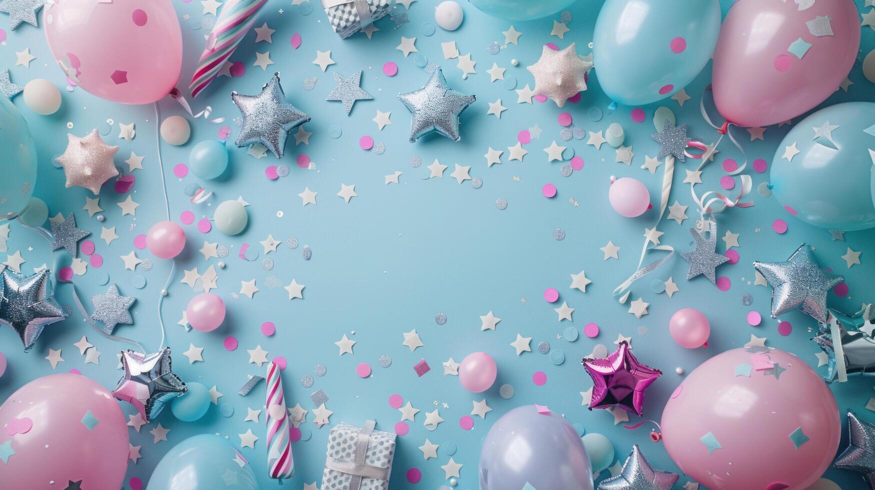 AI generated Festive frame or background with colorful balloons, gifts, confetti, silver stars, party hats, and streamers. photo