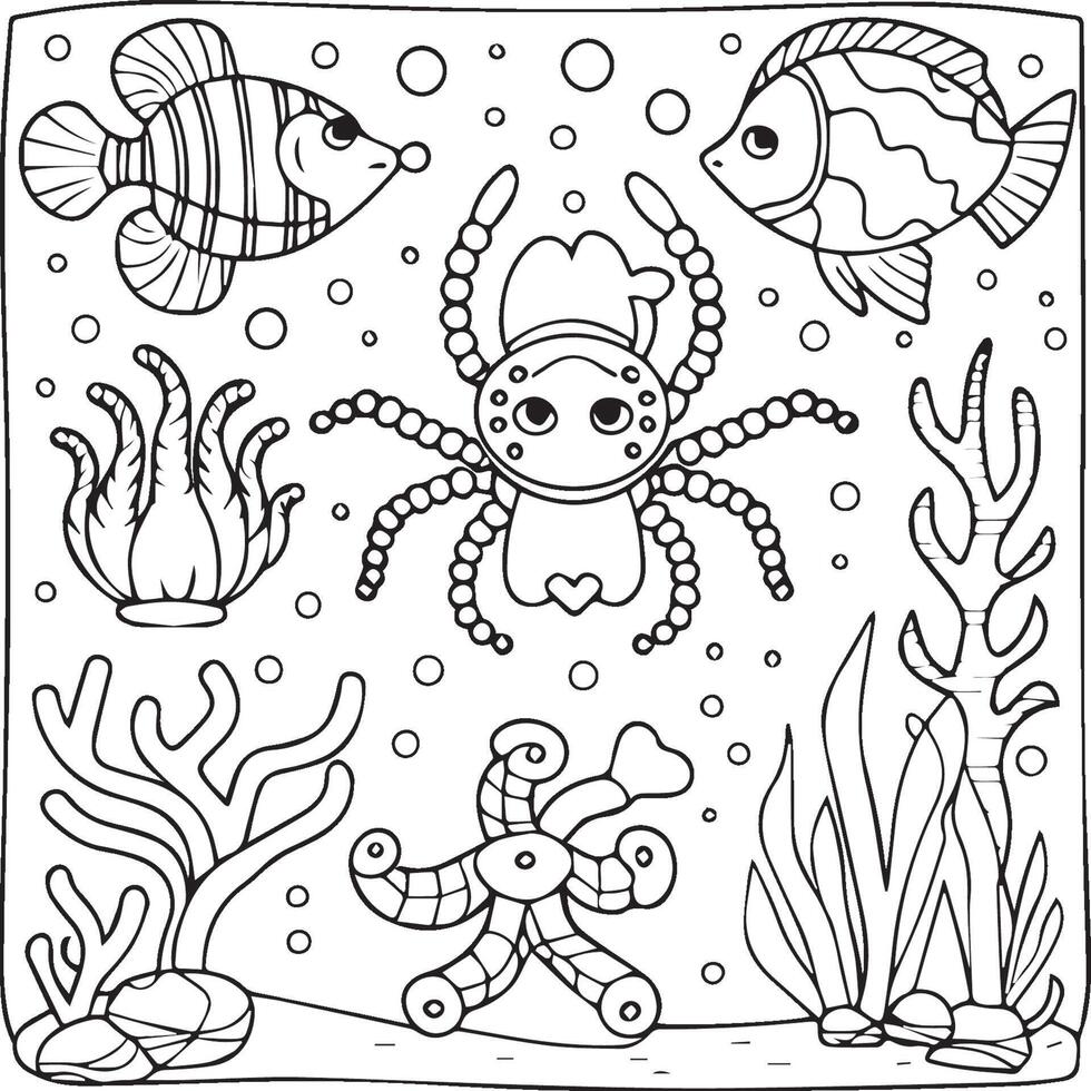 Sea creatures coloring pages. sea creatures outline for coloring book vector