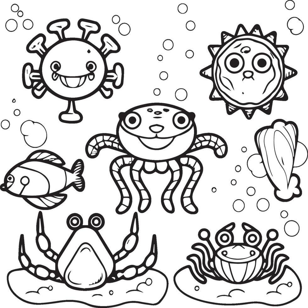 Sea creatures coloring pages. sea creatures outline for coloring book vector