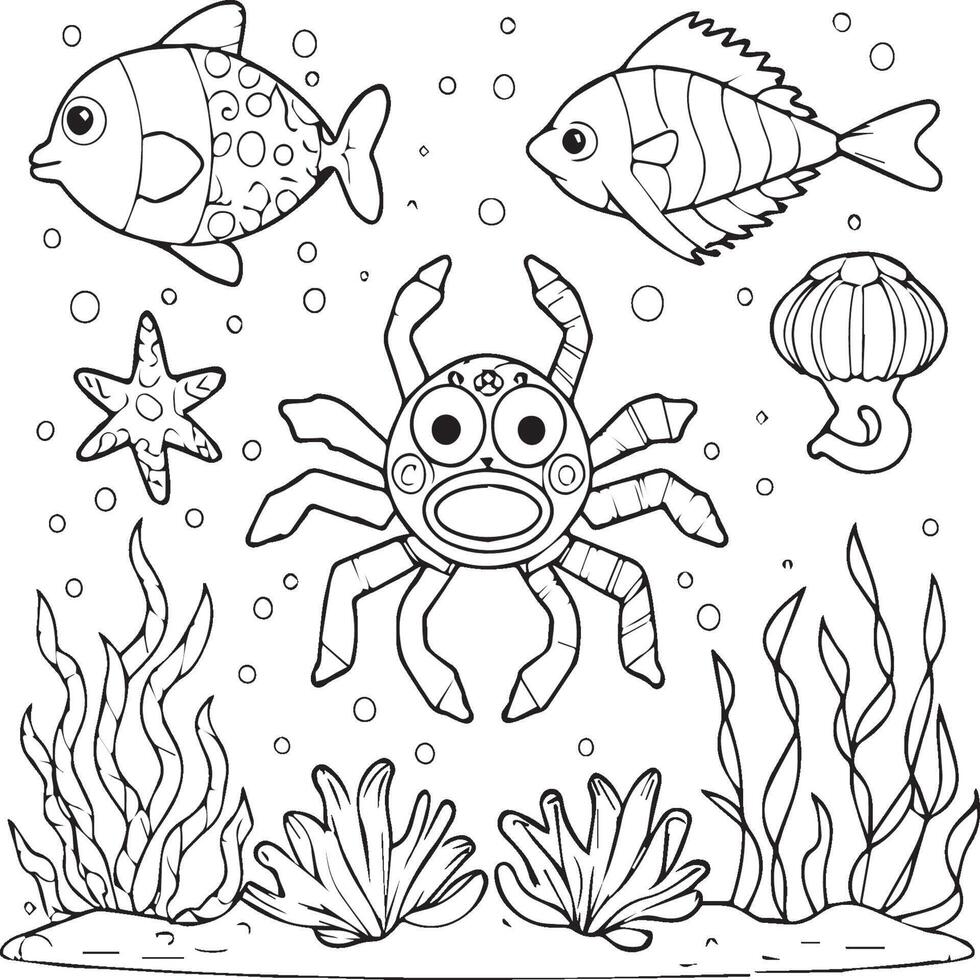 Sea creatures coloring pages. sea creatures outline for coloring book vector