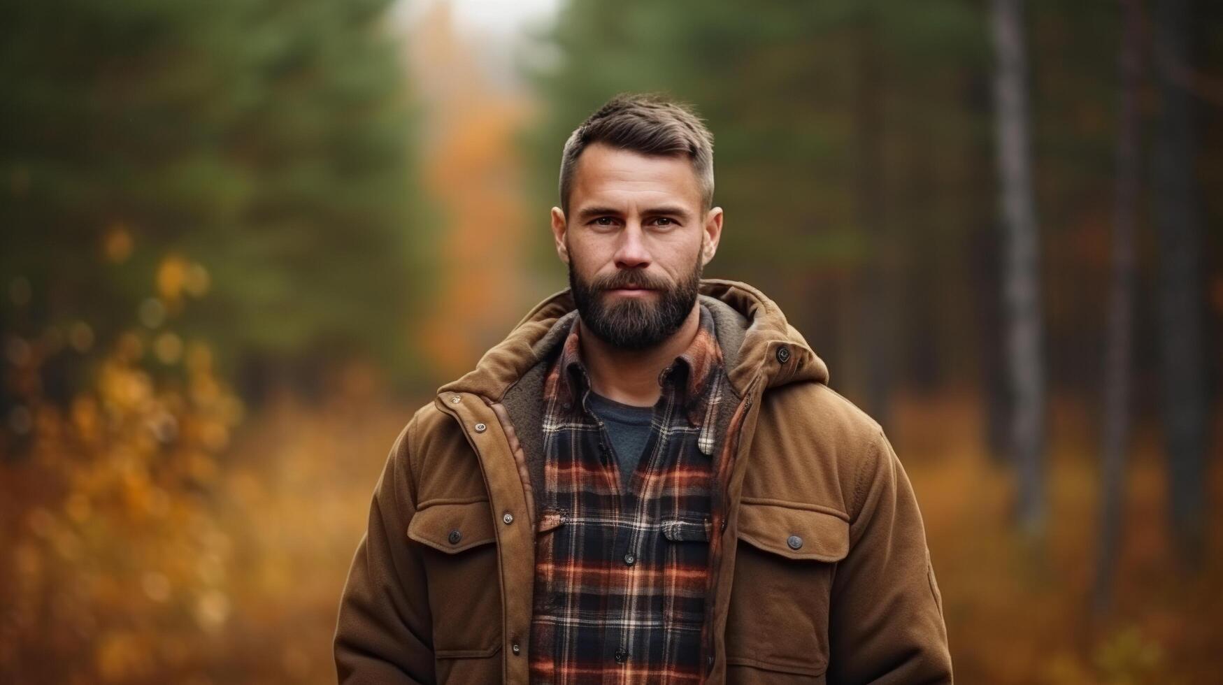 AI generated A man in a plaid shirt and dark brown jacket stands in the forest and looks at the camera with large copyspace area photo