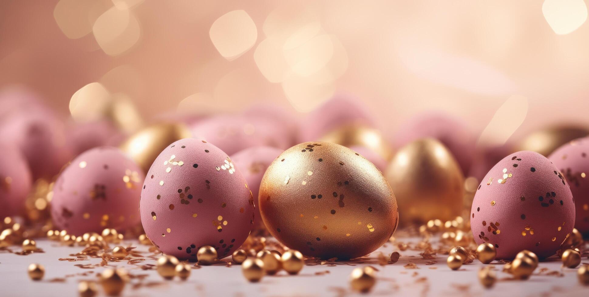 AI generated an image of gold decorated eggs bursting through pink air photo