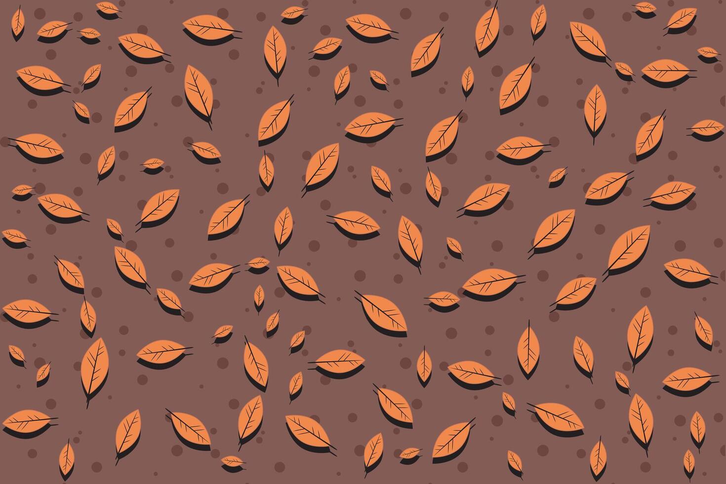 Illustration, pattern of brown leaf with shadow on dark brown and small circle background. vector