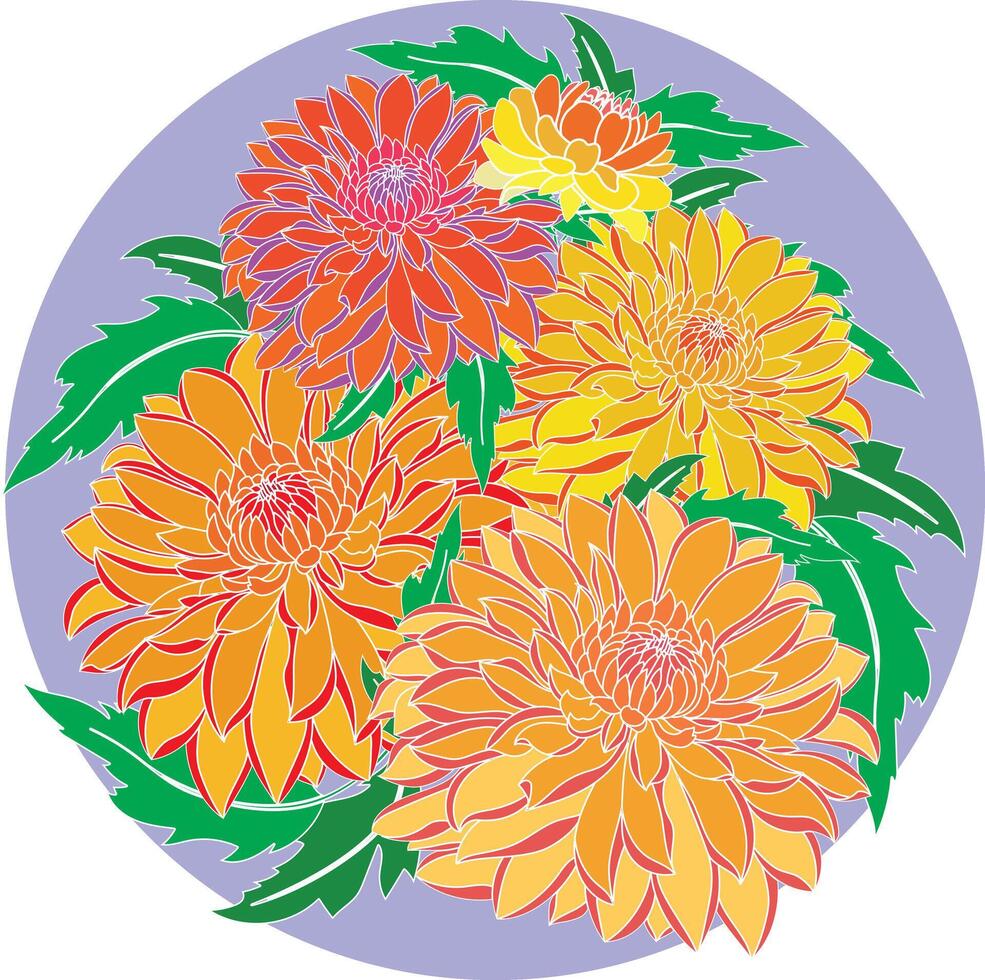 ilustración de crisantemo flor con hojas en suave Violeta antecedentes. vector