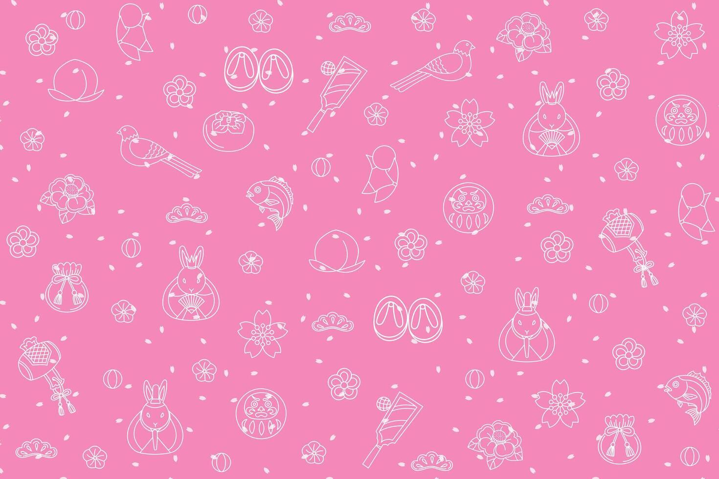 Illustration abstract white line of Japan childrent's toys with sakura petal on pink background. vector