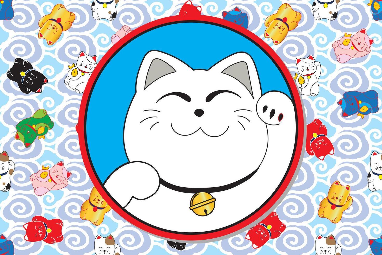 ilustración de el suerte gatos en circulo con color gatos y suave nube antecedentes. vector