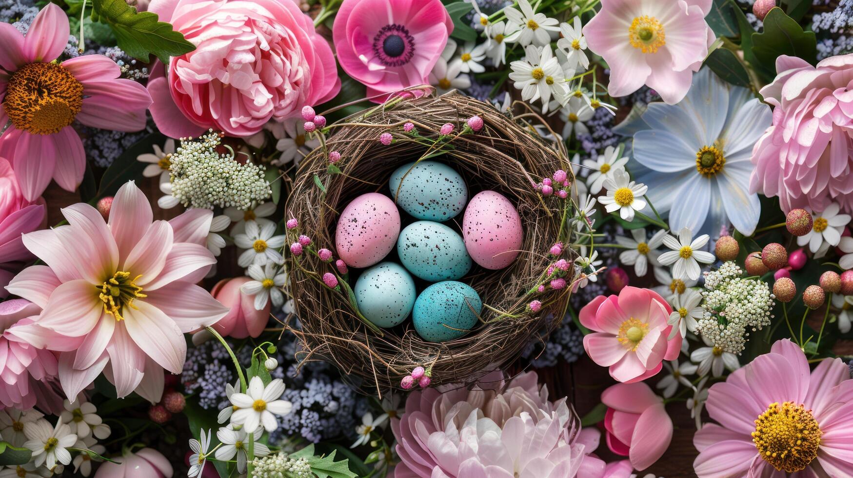 AI generated A Joyful Easter Theme Celebrate Easter with a charming display of Easter eggs nestled in a nest surrounded photo