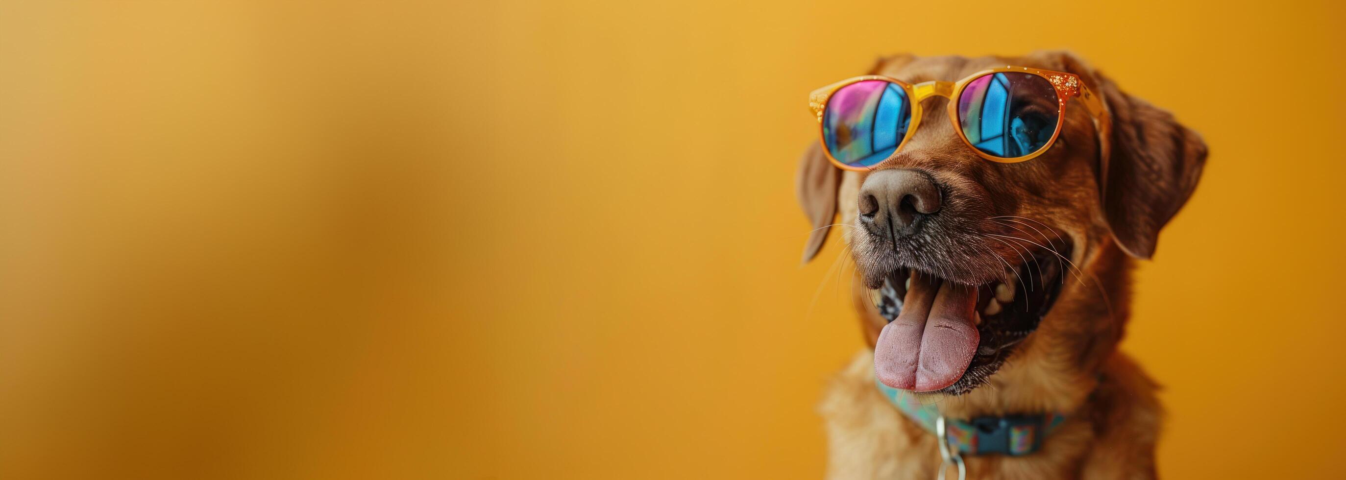 AI generated A humorous dog is celebrating while wearing festive birthday sunglasses photo