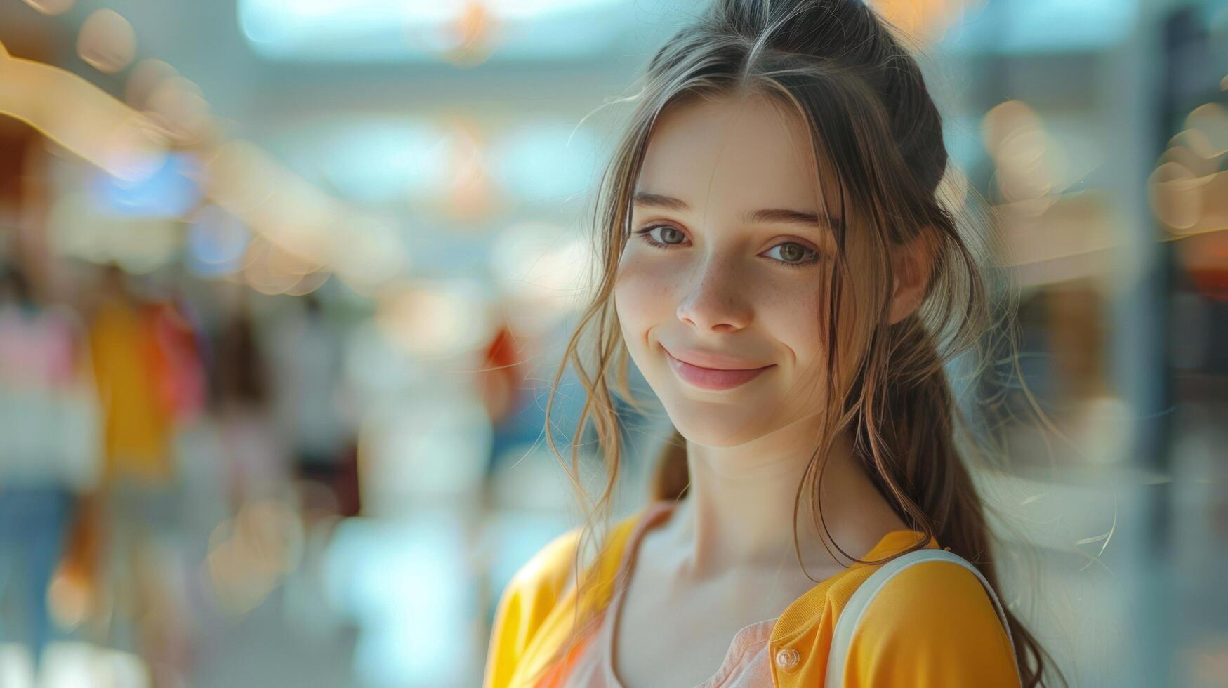 ai generado un hermosa joven niña en un púrpura Saco examina un anillo en el ventana de un joyería Tienda foto