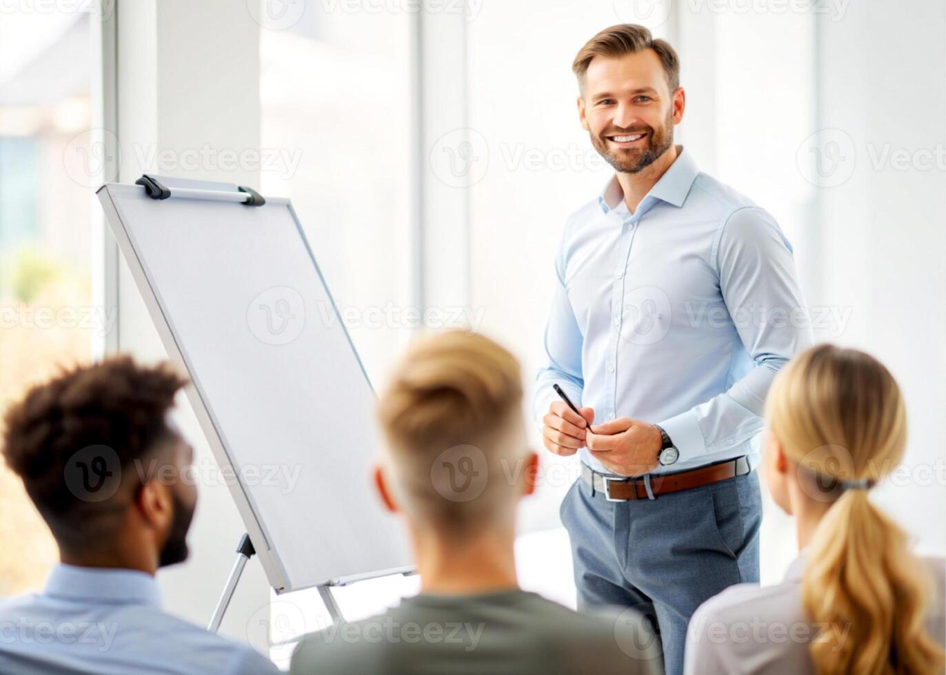AI generated male coach or presenter make flip chart presentation ask question during work training photo
