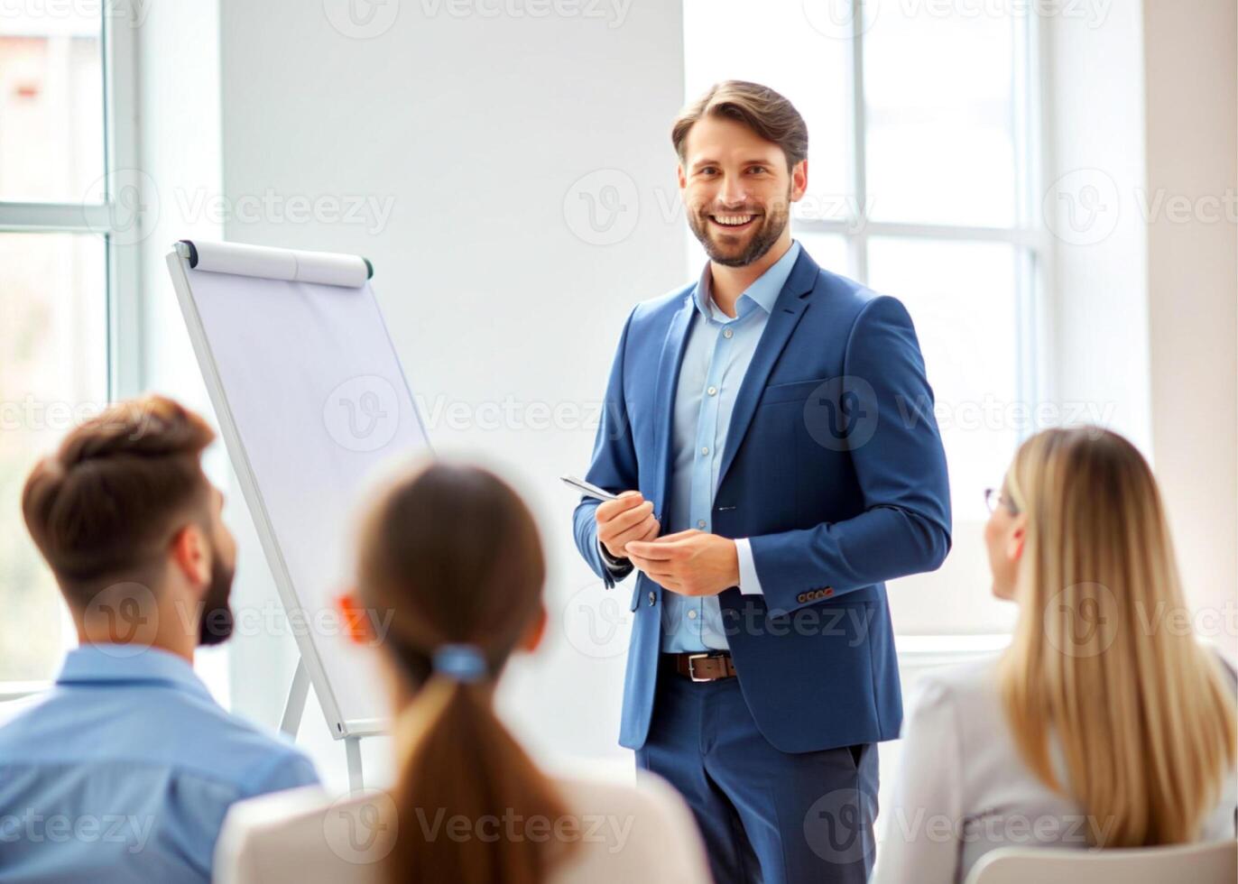 AI generated male coach or presenter make flip chart presentation ask question during work training photo