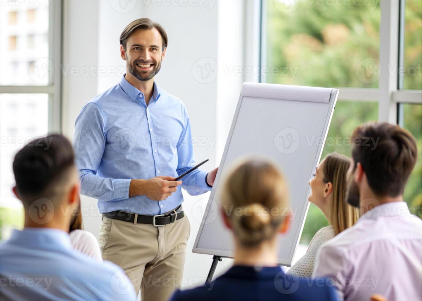 AI generated male coach or presenter make flip chart presentation ask question during work training photo