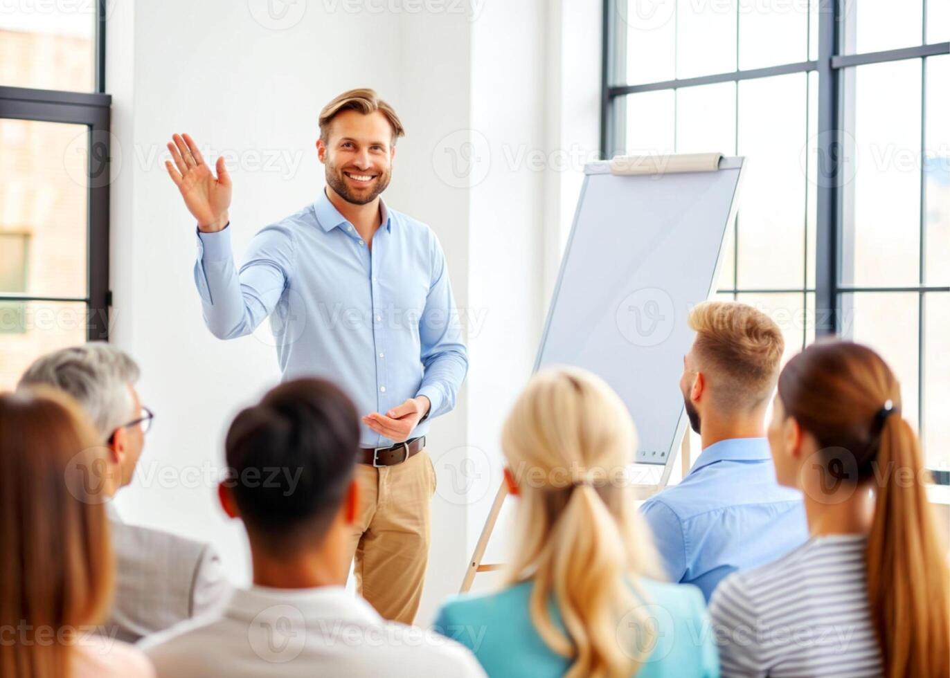 ai generado masculino entrenador o presentador hacer dar la vuelta gráfico presentación pedir pregunta durante trabajo formación foto