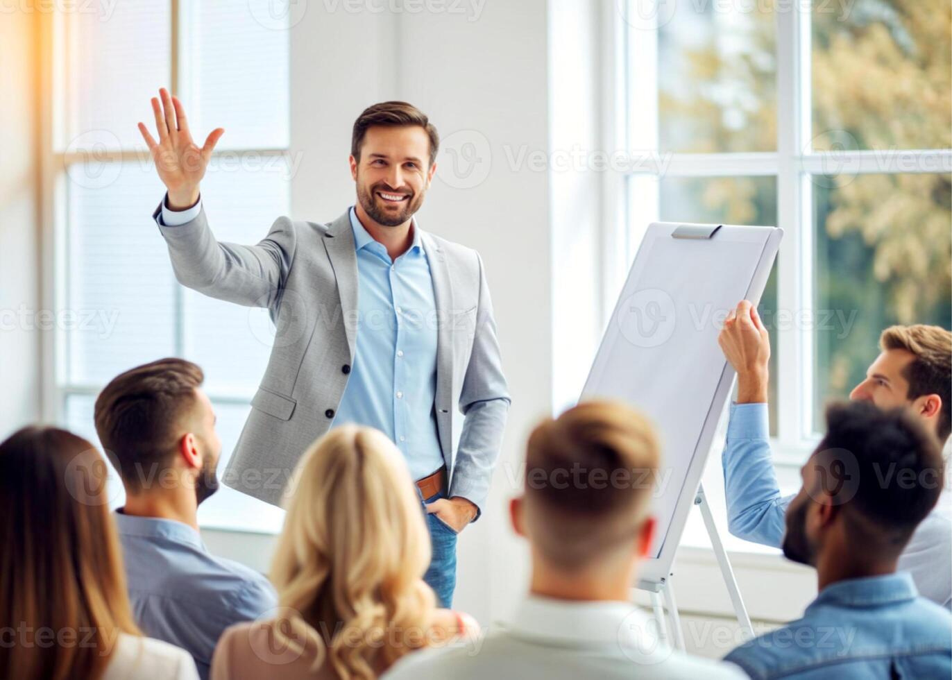 AI generated male coach or presenter make flip chart presentation ask question during work training photo