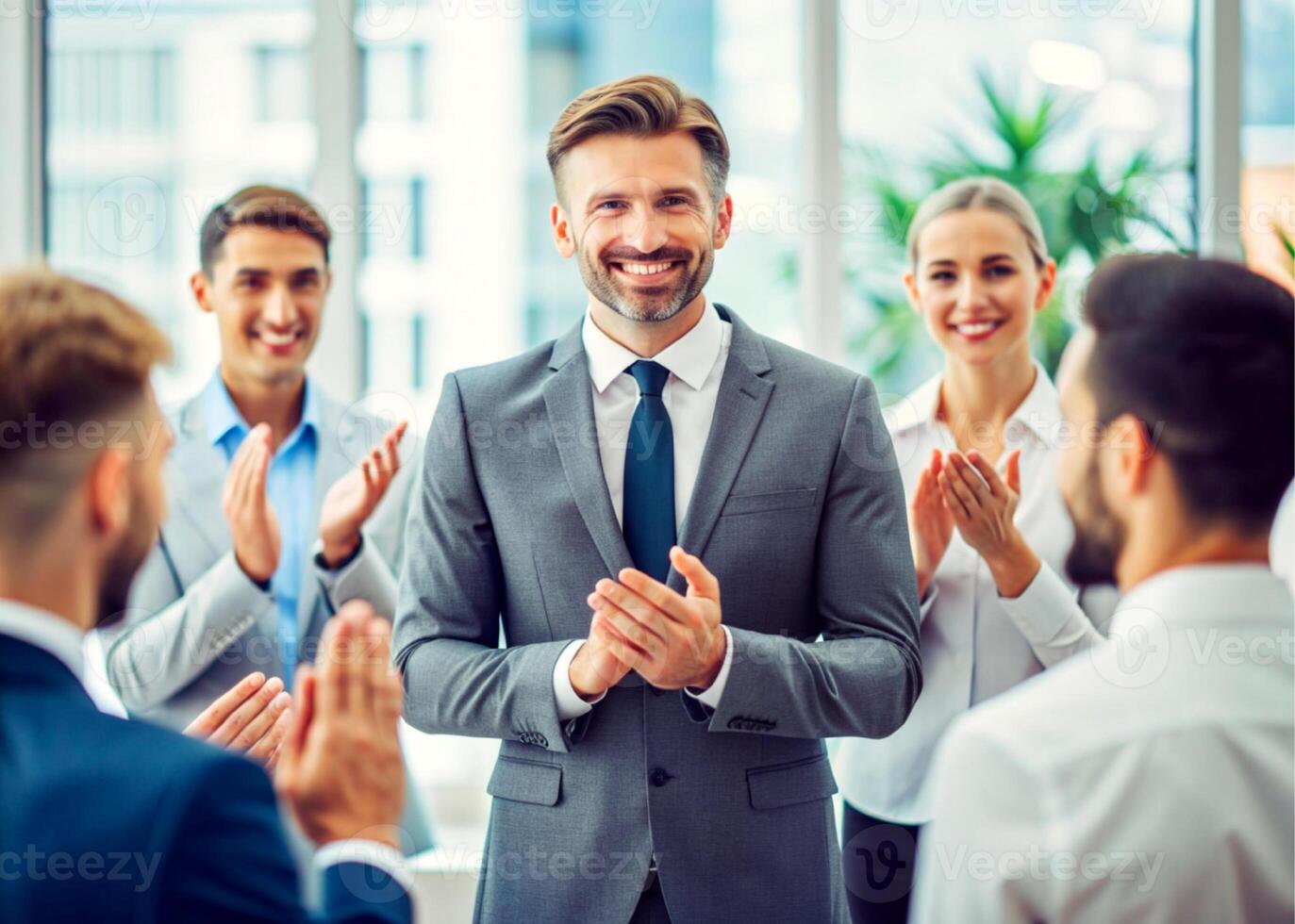 AI generated boss thanking happy employe, applause of colleagues photo