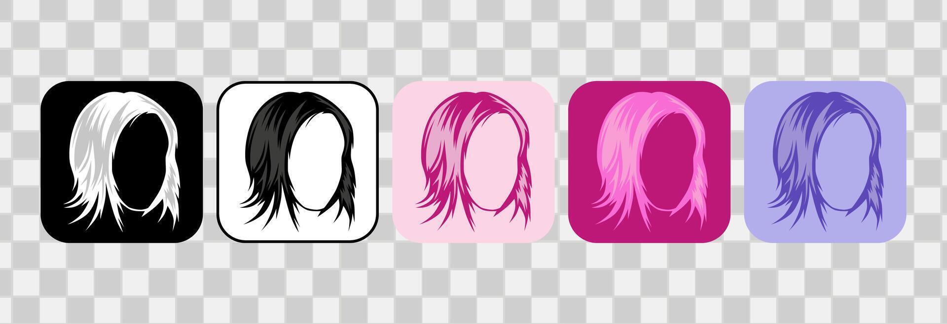 Set of women hair icons. Silhouette handdrawn outline. For logotype, clip art, symbol, sticker, or web design. 600 px X 600 px rectangular icon, vector flat illustration.