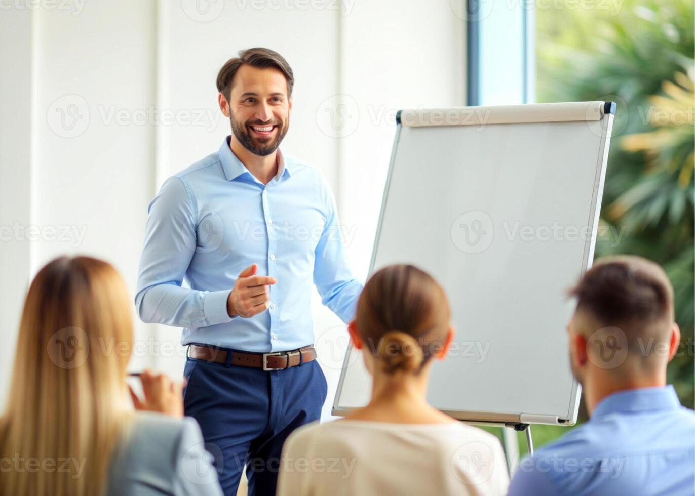 AI generated male coach or presenter make flip chart presentation ask question during work training photo