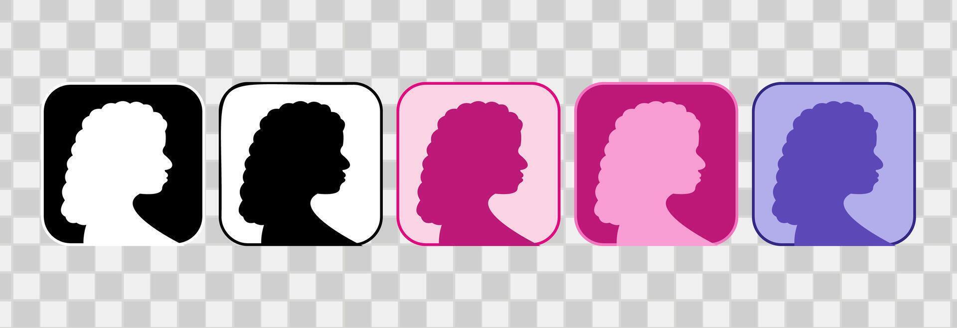 Set woman hair style icons. Side view hair and head. handdrawn outline. For logotype, clip art, symbol, sticker, or web design. 600 px X 600 px rectangular icon, vector flat illustration.