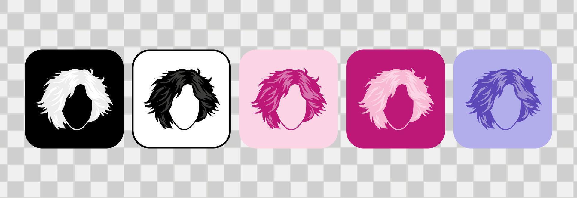 Set of women hair icons. Silhouette handdrawn outline. For logotype, clip art, symbol, sticker, or web design. 600 px X 600 px rectangular icon, vector flat illustration.