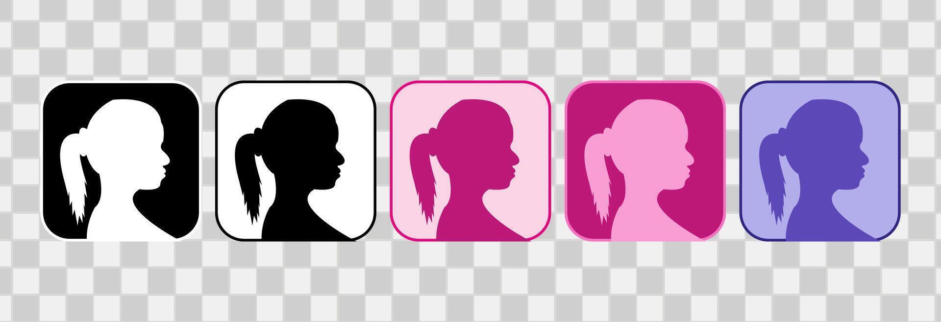 Set woman hair style icons. Side view hair and head. handdrawn outline. For logotype, clip art, symbol, sticker, or web design. 600 px X 600 px rectangular icon, vector flat illustration.