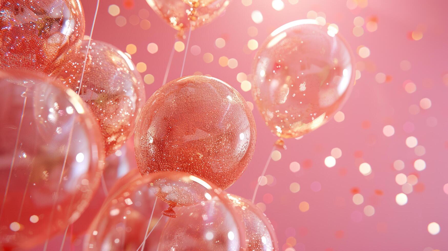 AI generated Frame of gold and transparent inflatable Balloons with glitter on a minimalistic pink background photo