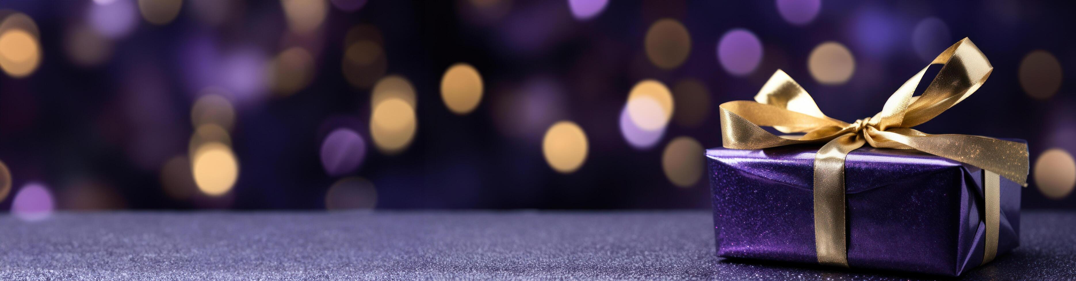 AI generated a violet gift wrapped in a shiny ribbon photo