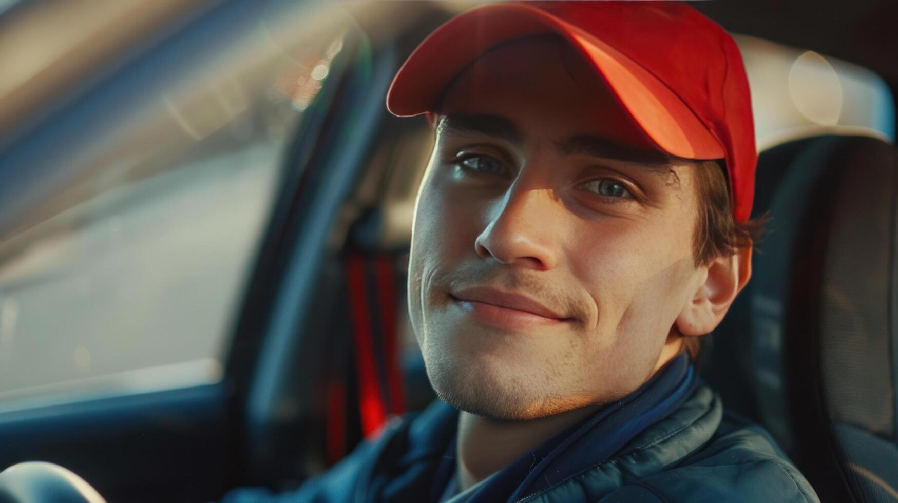 ai generado un joven hermoso chico en un rojo béisbol gorra se sienta detrás el rueda de un Deportes coche y mira dentro el cámara, sonriente foto