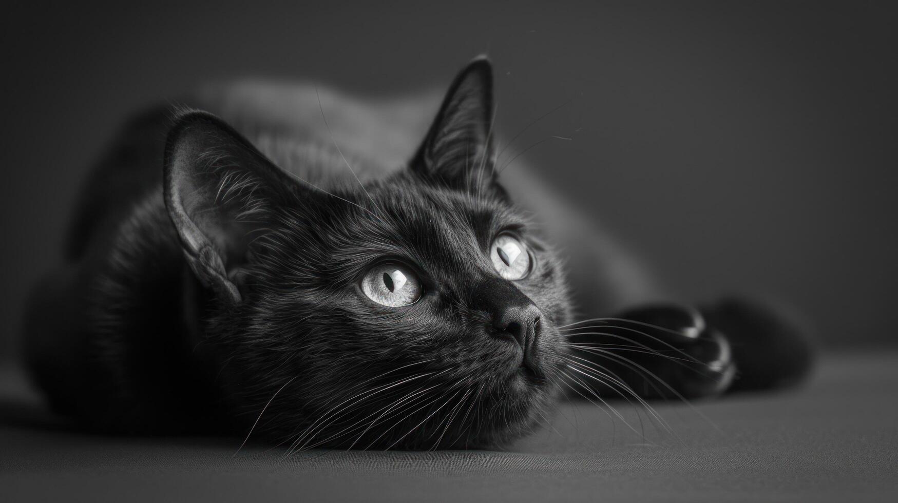 ai generado un pulcro negro gato salones graciosamente, sus mirada perforación mediante el lente con un sentido de misterio foto