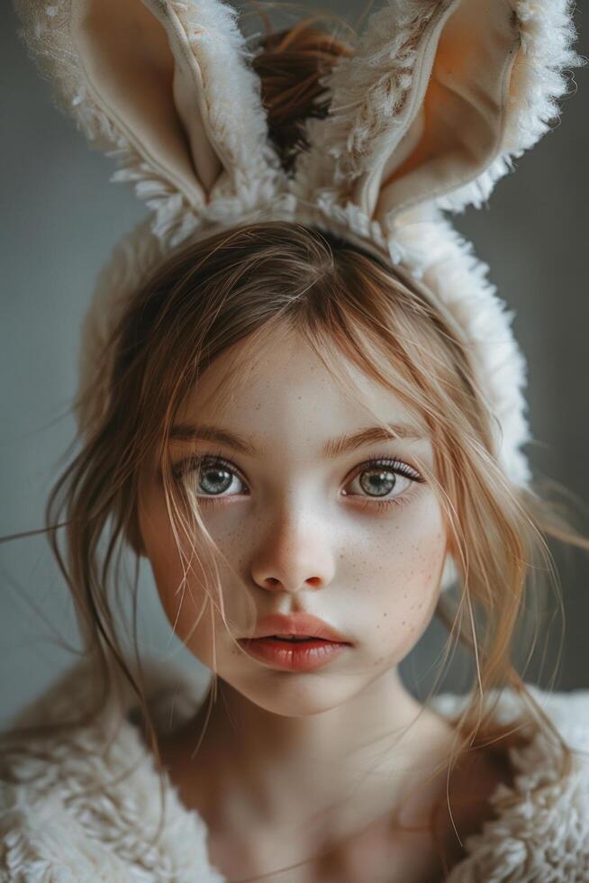 ai generado un bonito niña en conejito orejas con grande ojos en un gris fondo, Listo a celebrar Pascua de Resurrección foto